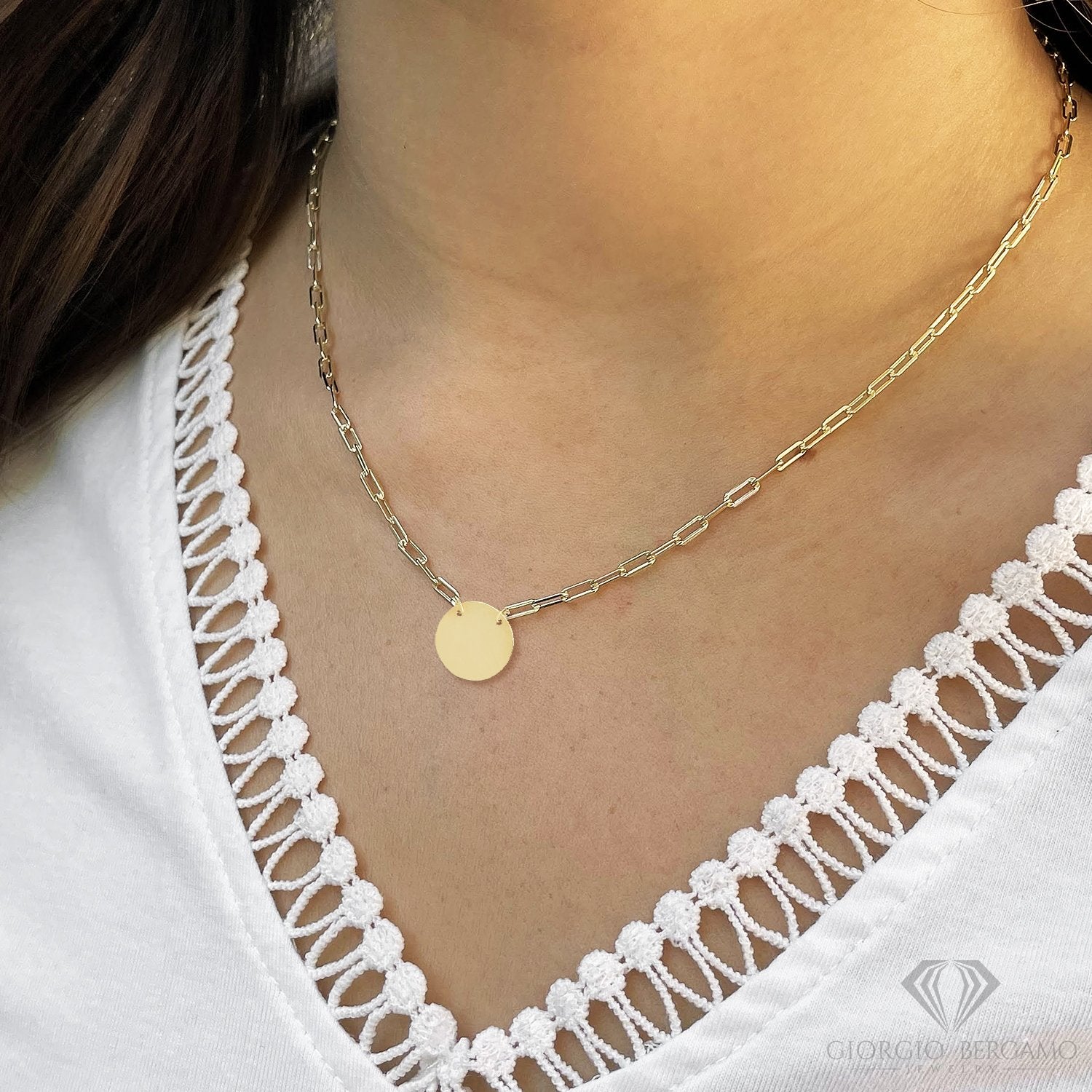 14K Yellow Gold Paper Clip Circle Disc Necklace,Engraveable