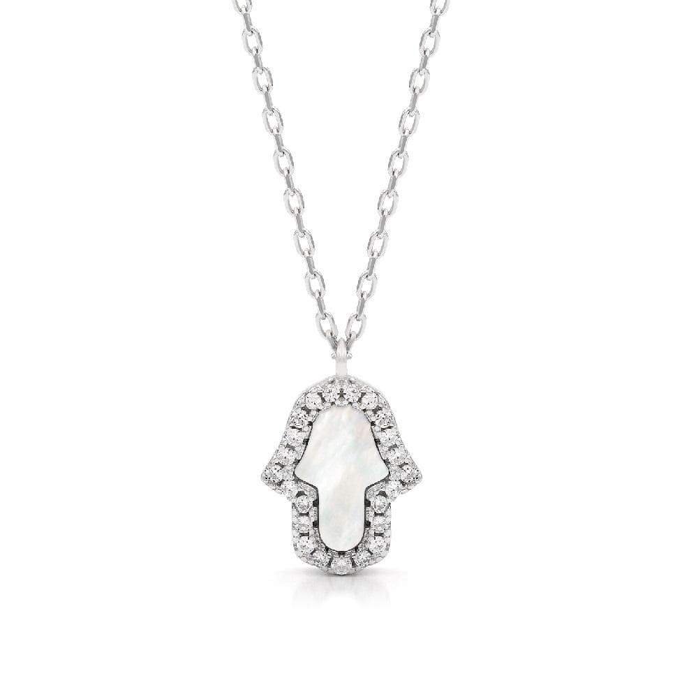 925 Sterling Silver Micro Pave Mother Of Pearl Hamsa Necklace