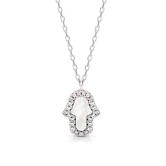 925 Sterling Silver Micro Pave Mother Of Pearl Hamsa Necklace