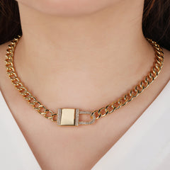 Gold Plated Trendy Cuban Link Chain With Micro Pave Lock Charm Necklace