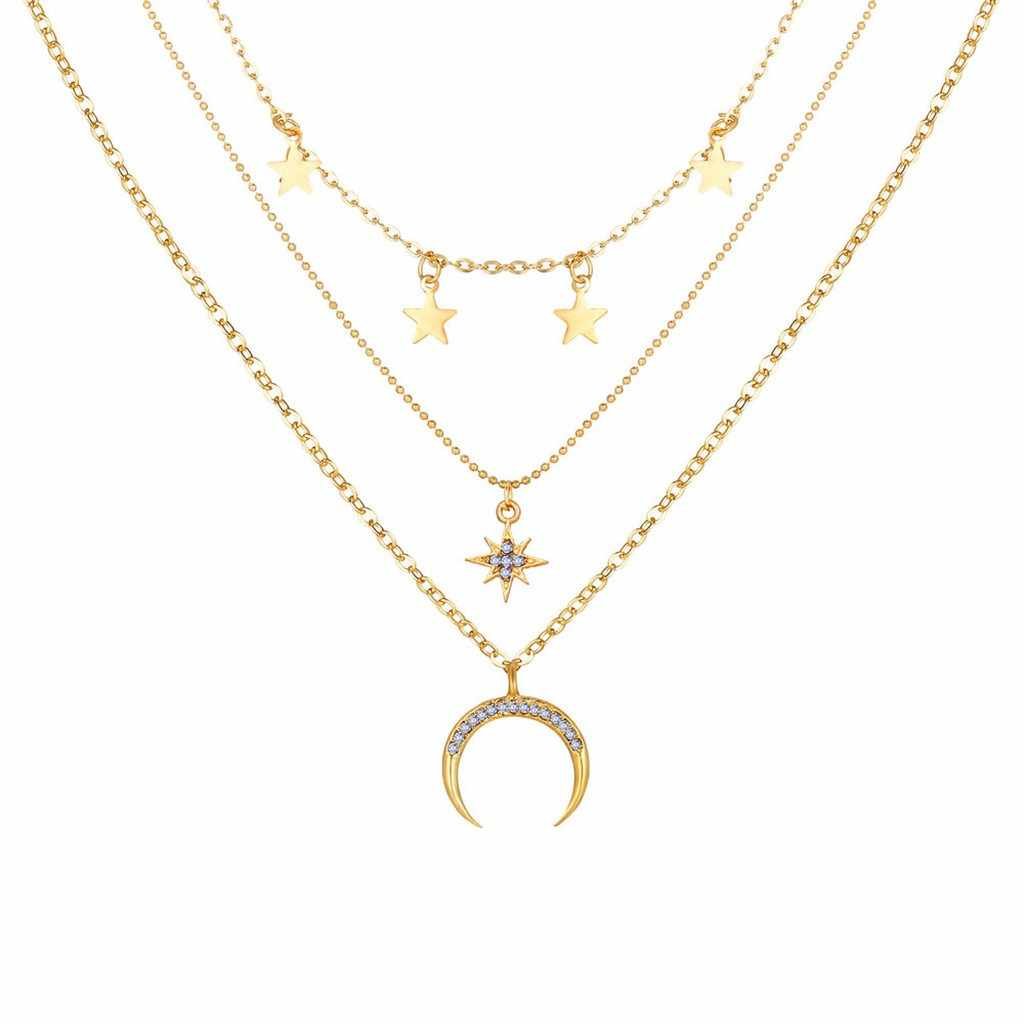 Gold Plated Trendy Star & Moon Layered Charm Choker Necklace