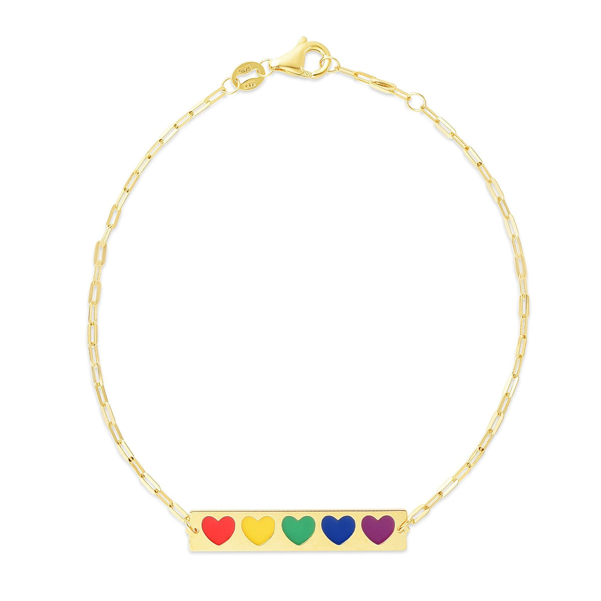 14K Yellow Gold Rainbow Enamel Hearts Bar Paper Clip Bracelet