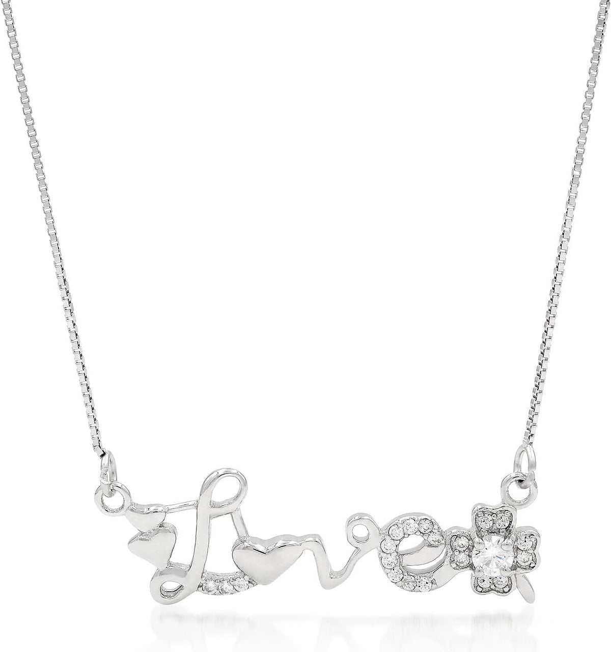 925 Sterling Silver Micro Pave Script Love Bar Necklace