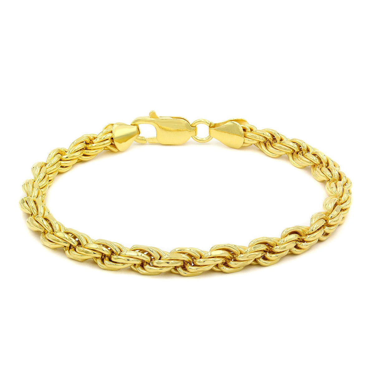 925 Sterling Silver 5.5mm Solid Rope Diamond Cut Gold Plated Bracelet