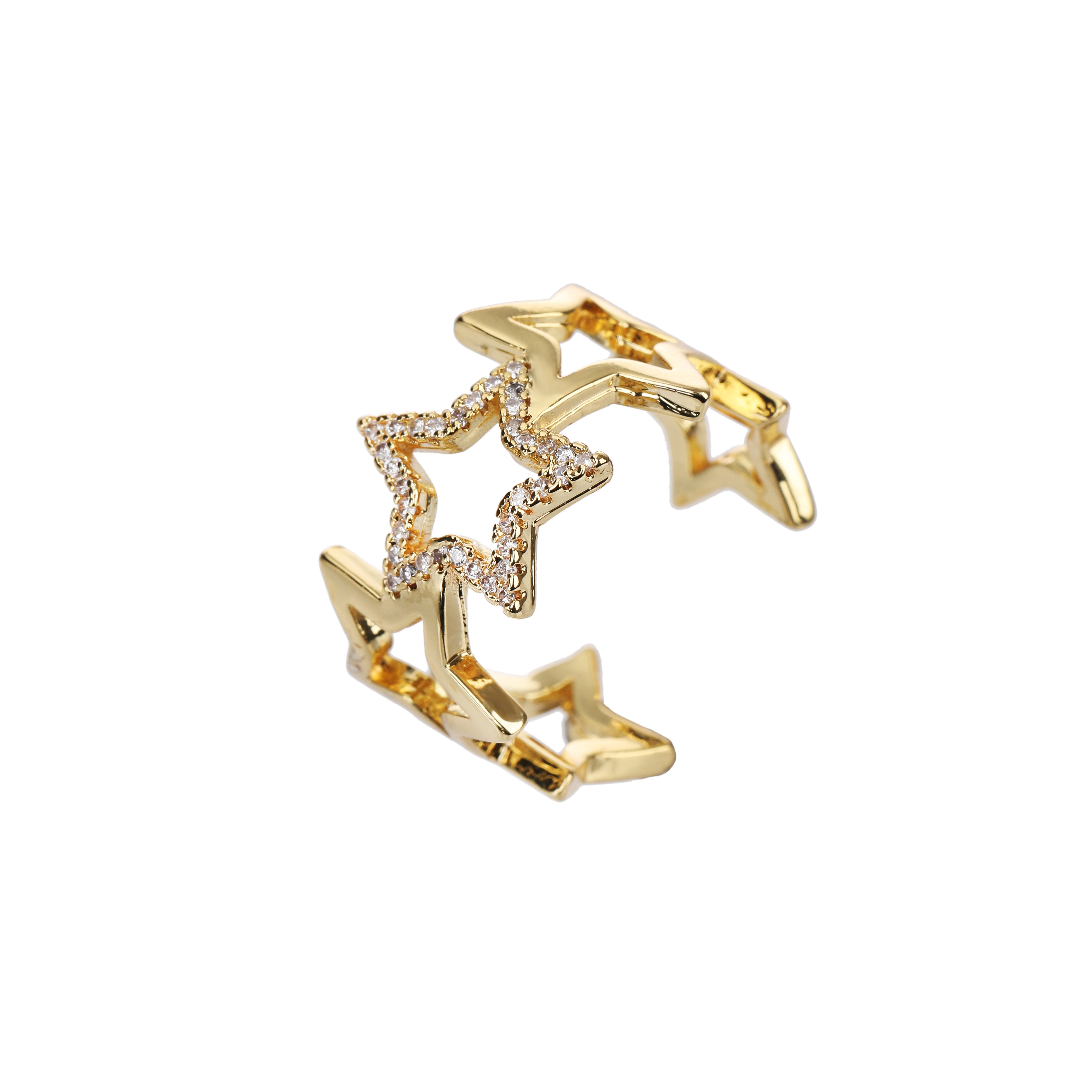Gold Plated Micro Pave Open Star Trendy Adjustable Ring