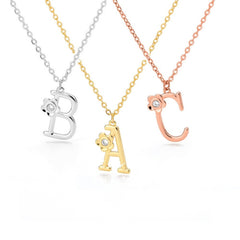 Stainless Steel Gold Plated A - Z Cubic Zirconia Flower Initial Pendant Necklace