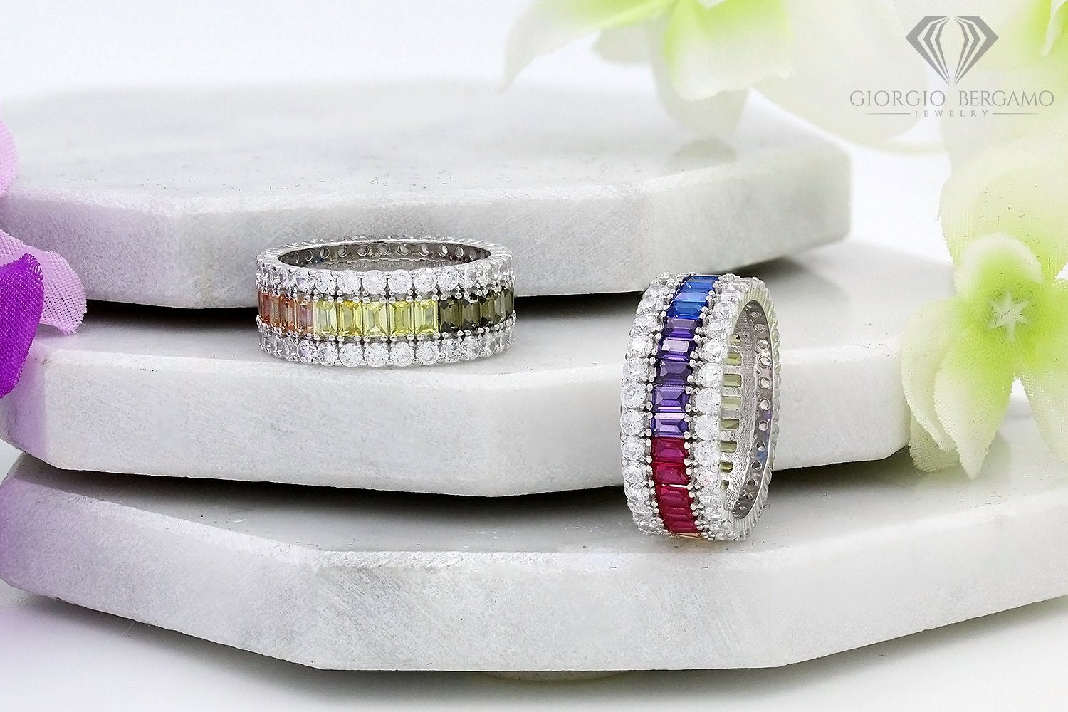 925 Sterling Silver Micro Pave Rainbow Baguette Eternity Band