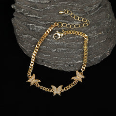 Yellow Gold Plated Trendy Cuban Link Micro Pave Butterfly Bracelet