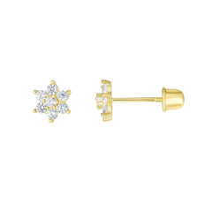 14K Yellow Gold Cubic Zirconia Flower Childrens Stud Earrings