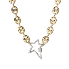 Gold Plated Trendy Two-Tone Mariner Link Chain With Micro Pave Star Charm Necklace