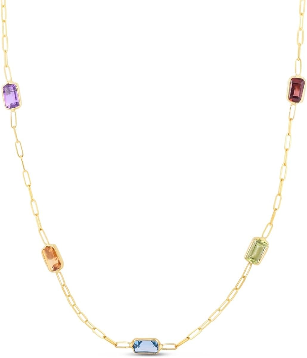 Giorgio Bergamo 14K Yellow Gold Multi Genuine Gemstone Paper Clip Necklace