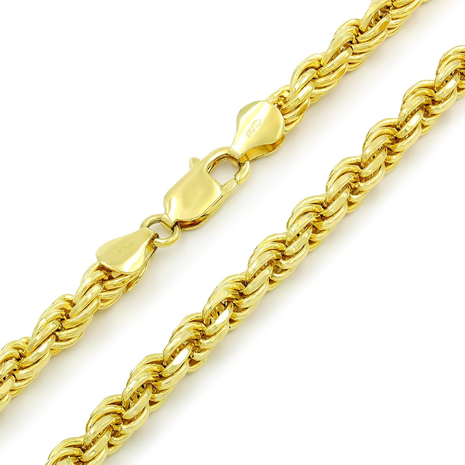 925 Sterling Silver 5.5mm Solid Rope Diamond Cut Gold Plated Chain