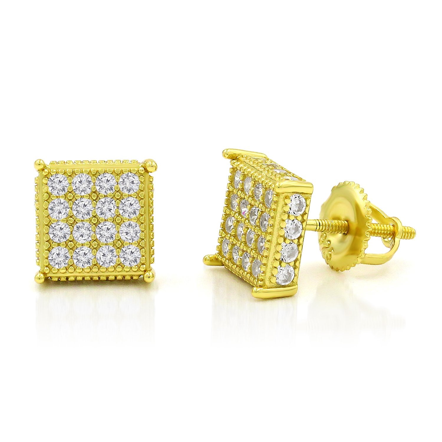 925 Sterling Silver Micro Pave Unisex Square 3D Screw Back Stud Earrings
