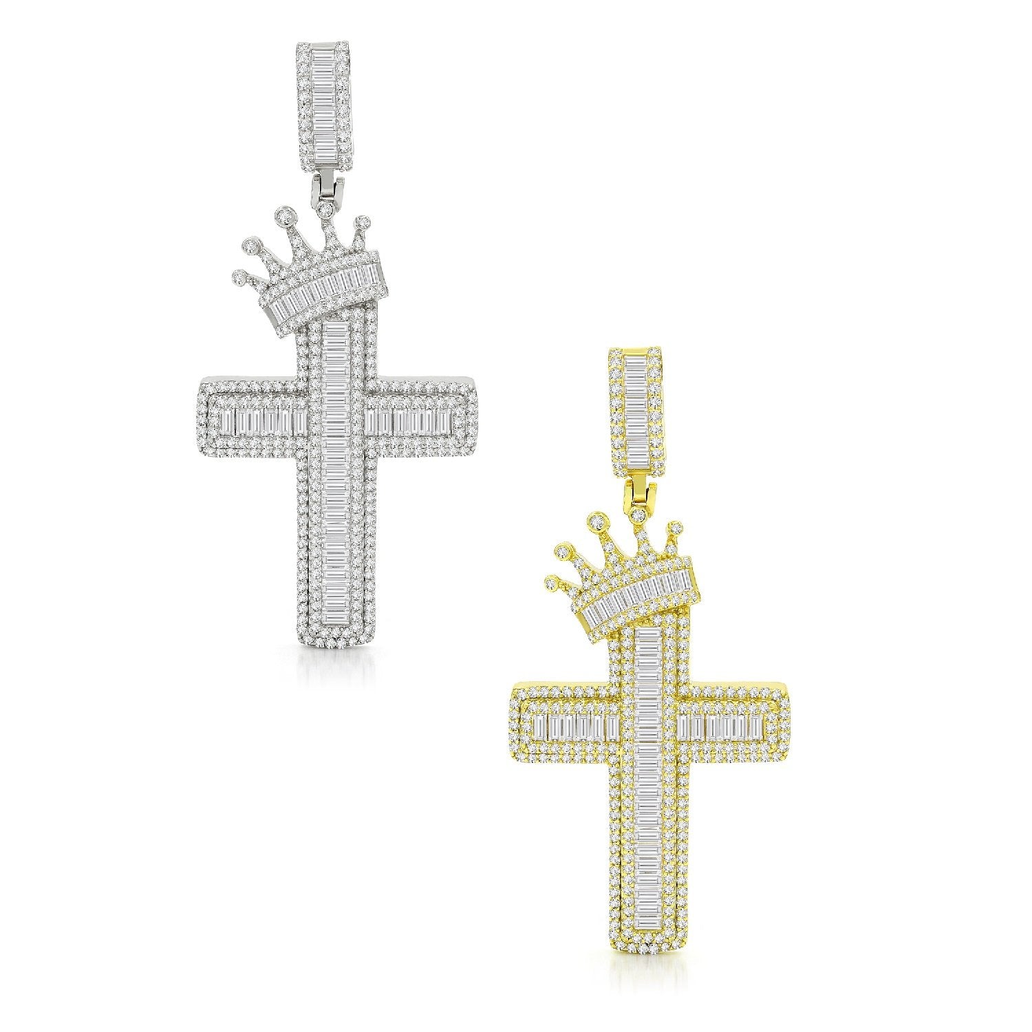 925 Sterling Silver Micro Pave Crowned Baguette Hip Hop Cross Pendant Only