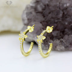 925 Sterling Silver Gold Plated Micro Pave Star C-Hoop Earring