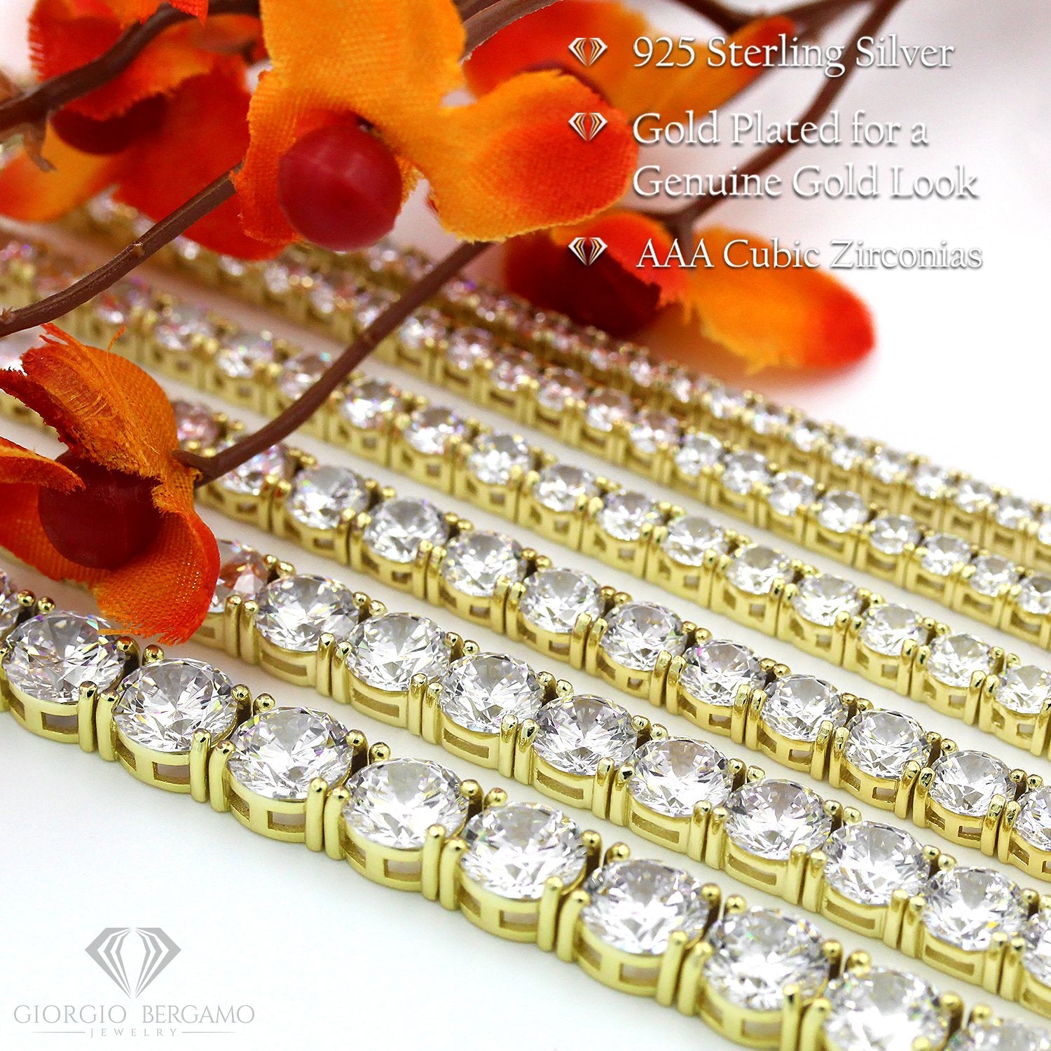 925 Sterling Silver 3mm Round Cut Tennis Bracelet, Yellow Gold Plated