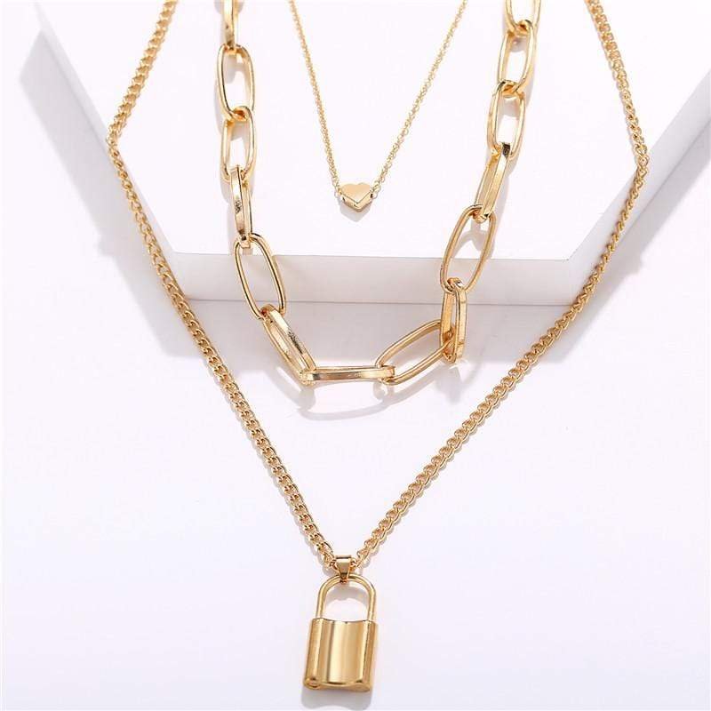 Gold Plated Trendy Paper Clip Chain with Lock Layered Necklace