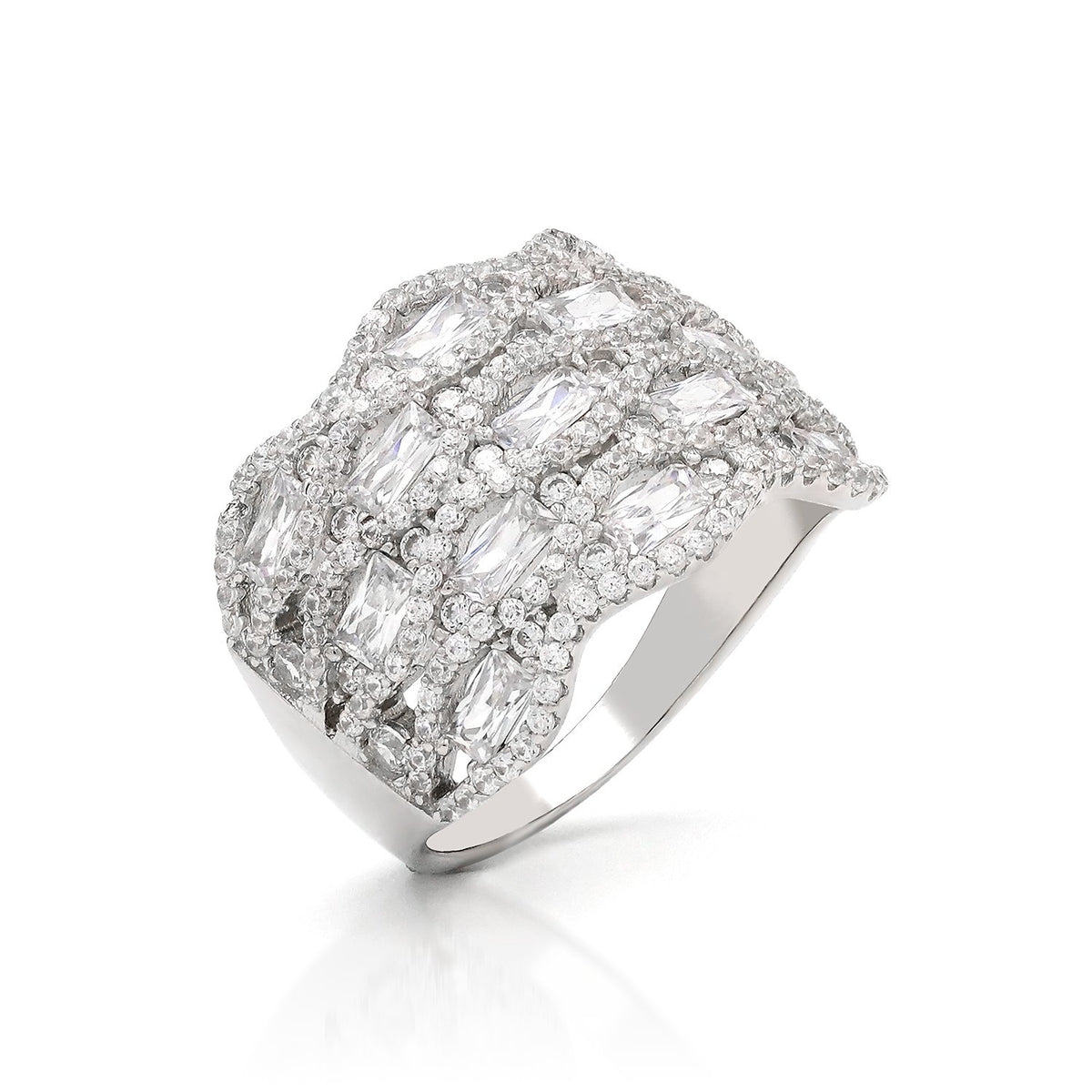 925 Sterling Silver Baguette & Round Micro Pave Cocktail Ring