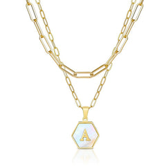 Stainless Steel Gold Plated Mother of Pearl Initial A - Z Layered Paper Clip Choker Necklace