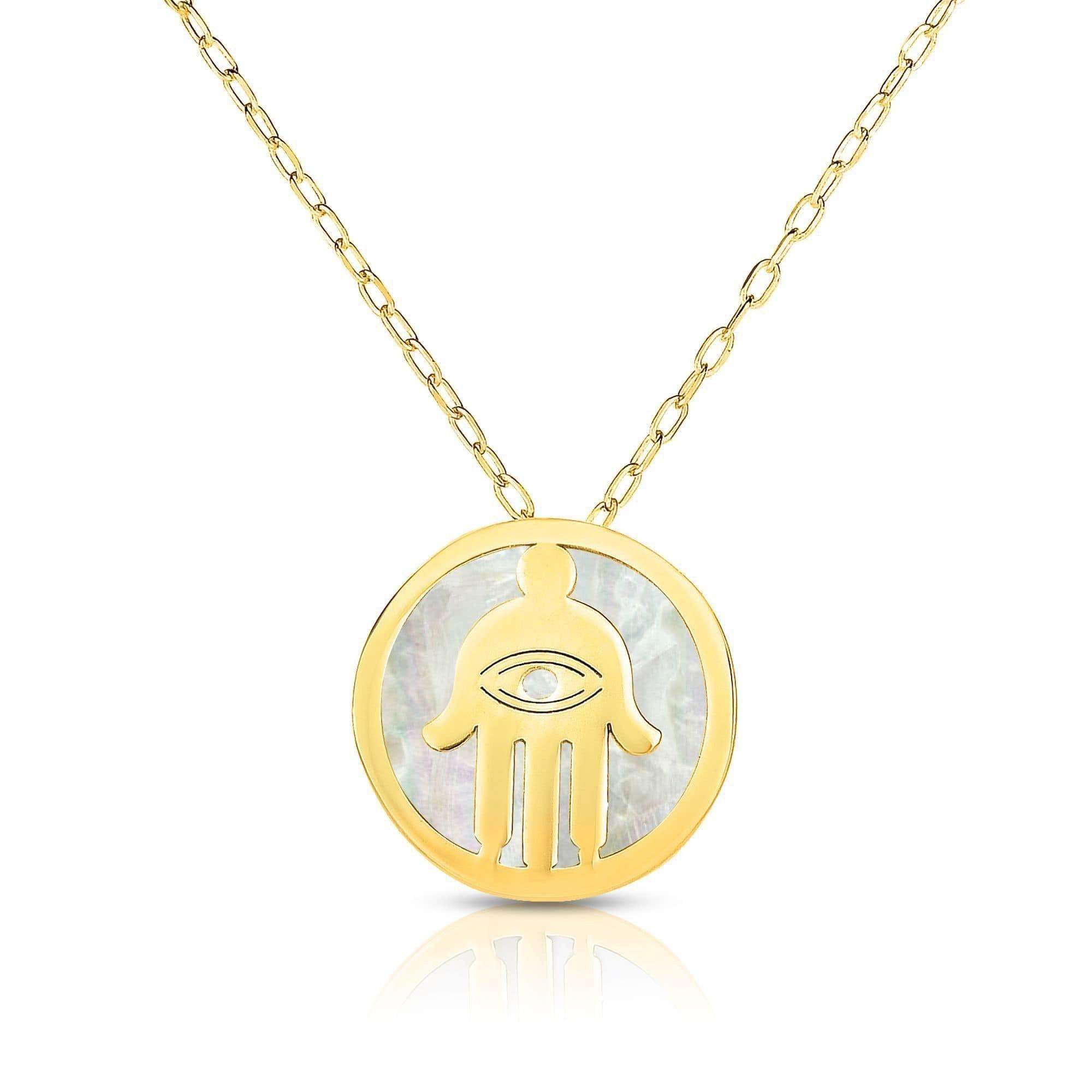 14K Yellow Gold Mother of Pearl Hamsa Disc Pendant Necklace