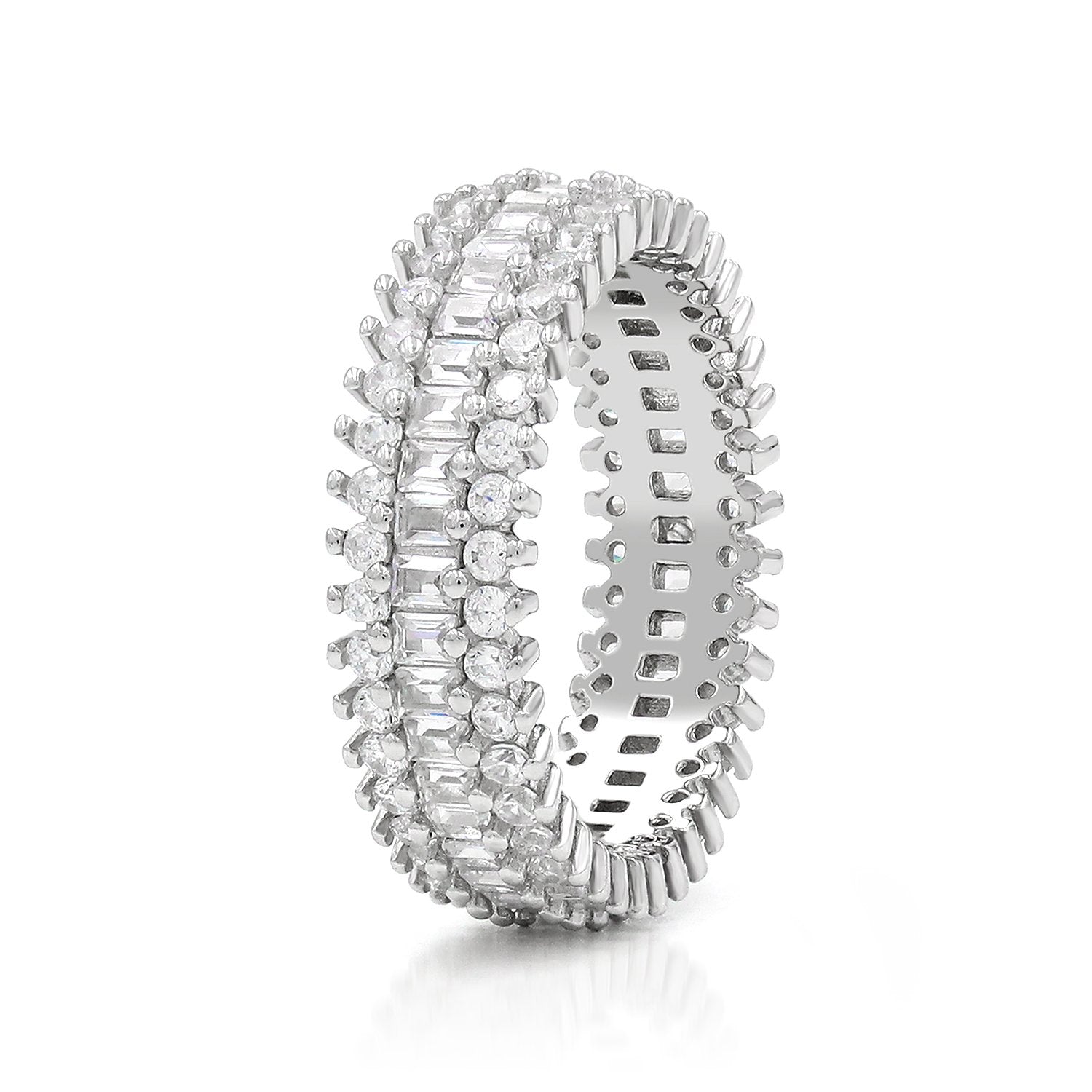 925 Sterling Silver Round & Baguette Micro Pave Eternity Band Ring