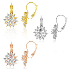 Gold Plated Starburst Leverback, Cubic Zirconia Dangle Drop Earrings