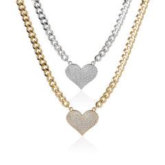 Gold Plated Micro Pave Heart Cuban Link Necklace