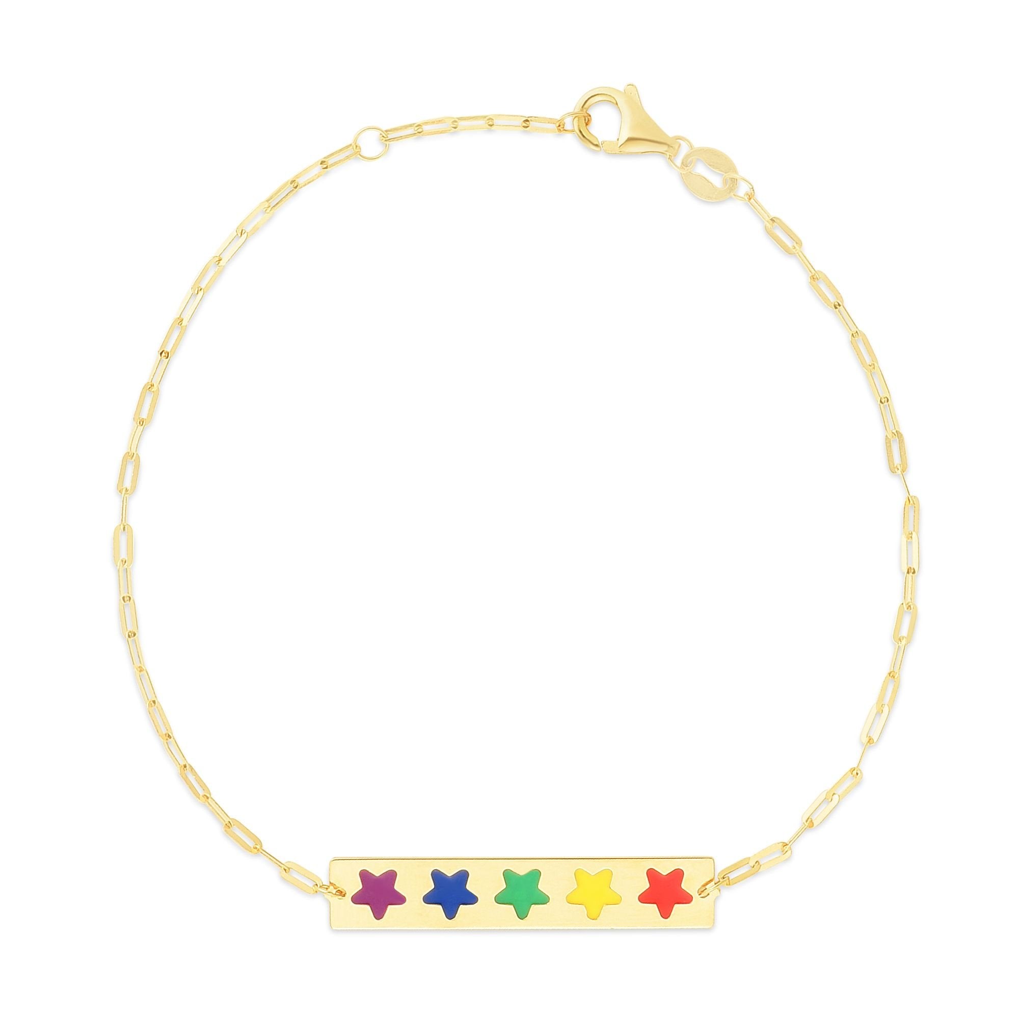 14K Yellow Gold Rainbow Enamel Stars Bar Paper Clip Bracelet
