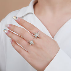 Gold Plated Micro Pave Double Starburst Trendy Adjustable Ring
