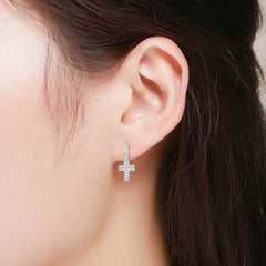 925 Sterling Silver Gold Plated Micro Pave Minimalist Cross Leverback Earrings