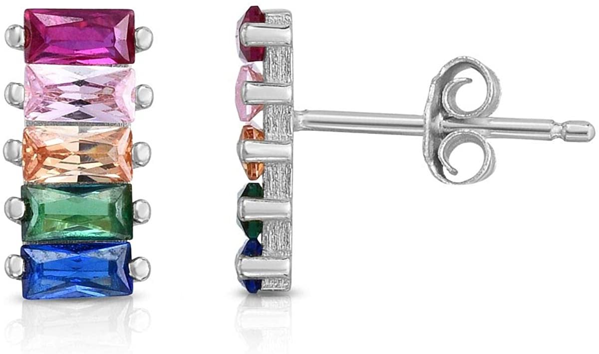 925 Sterling Silver Rainbow Baguette Bar Stud Earrings