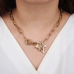 Stainless Steel Gold Plated Trendy Paper Clip Chain With Cubic Zirconia Star Charm
