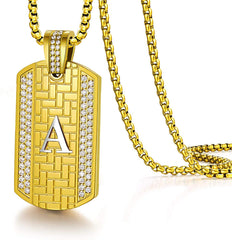 Stainless Steel Gold Plated Unisex Micro Pave Dog Tag Initial Pendant Necklace