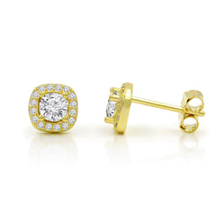 925 Sterling Silver Gold Plated Micro Pave Cushion Halo Stud Earring