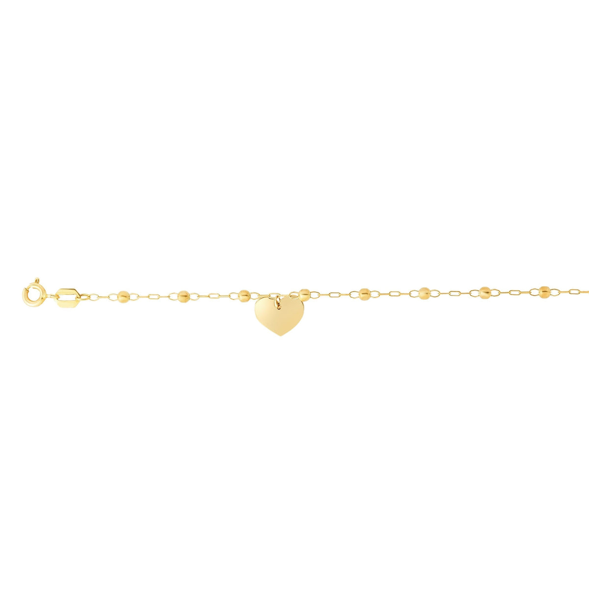 14K Yellow Gold Dangle Heart and Bead Station Ankle Bracelet
