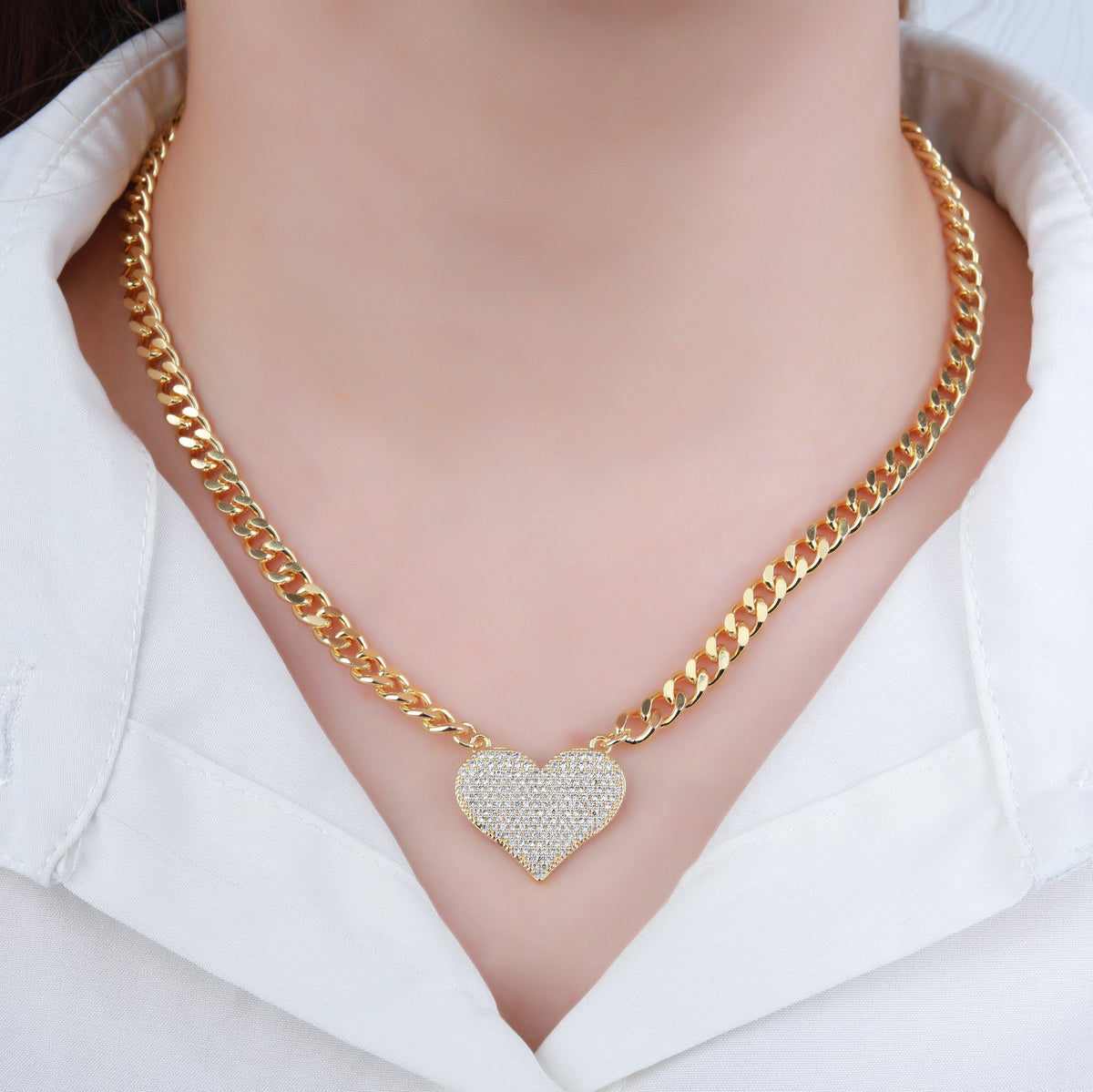 Gold Plated Micro Pave Heart Cuban Link Necklace
