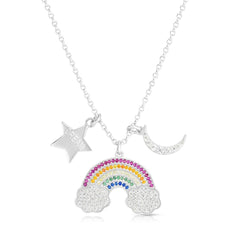 925 Sterling Silver Colorful Rainbow Moon & Star Charm Necklace