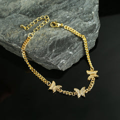 Yellow Gold Plated Trendy Cuban Link Micro Pave Butterfly Bracelet