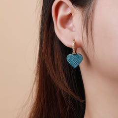 Gold Plated Micro Pave Heart Dangle Drop Earrings