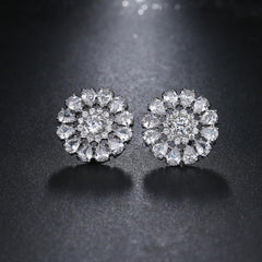 White Gold Plated Flower Cluster Round Halo Stud Earrings