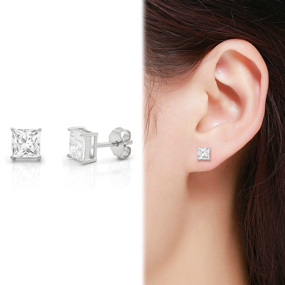 925 Sterling Silver 3mm - 9mm Princess Cut Cubic Zirconia Rhodium Stud Earrings