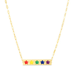 14K Yellow Gold Rainbow Enamel Stars Bar Paper Clip Necklace