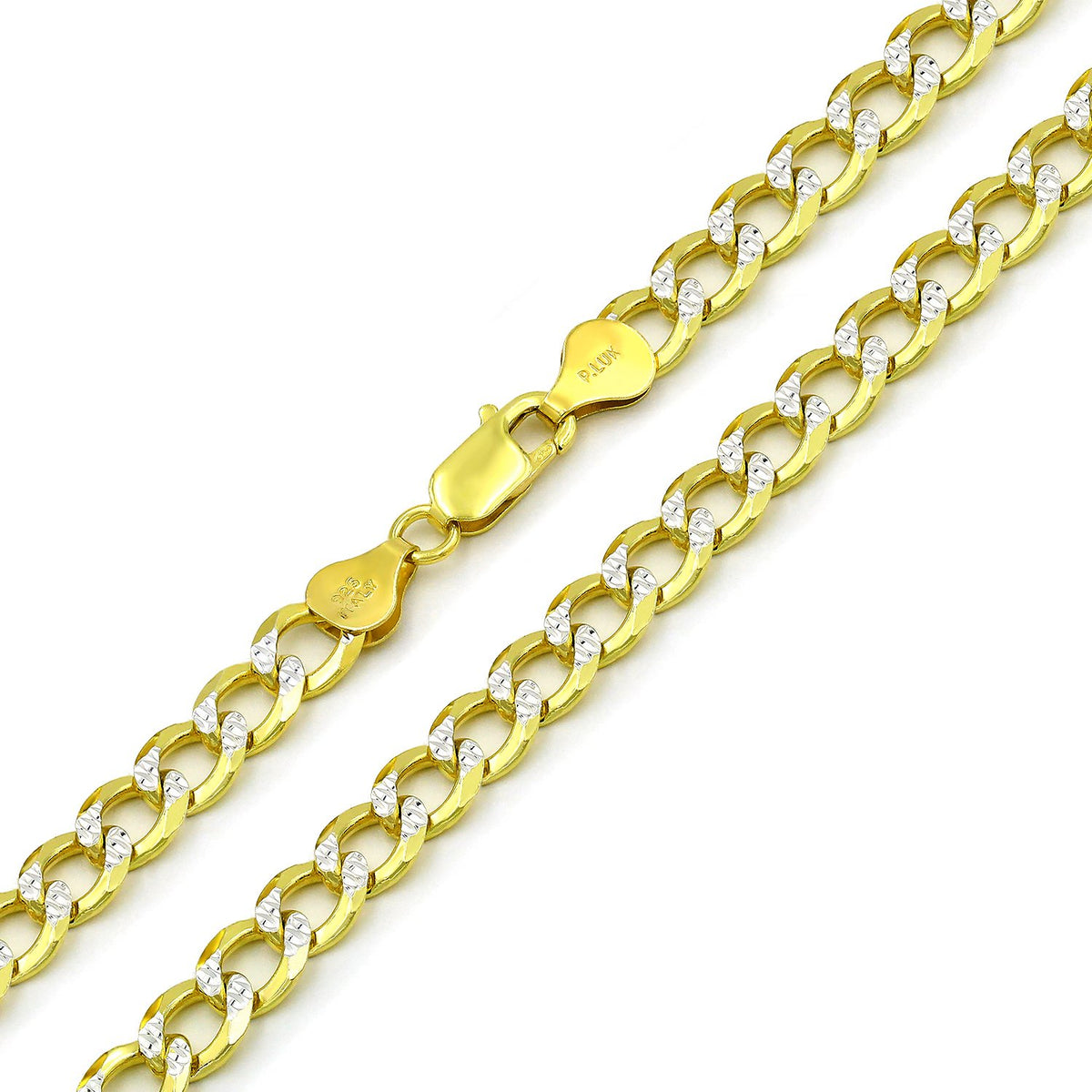 925 Sterling Silver Solid Cuban 6.5mm Diamond Cut Pave Gold Plated Curb Link Chain