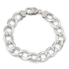 925 Sterling Silver 12.5mm Solid Cuban Diamond Cut Pave Curb Link Bracelet