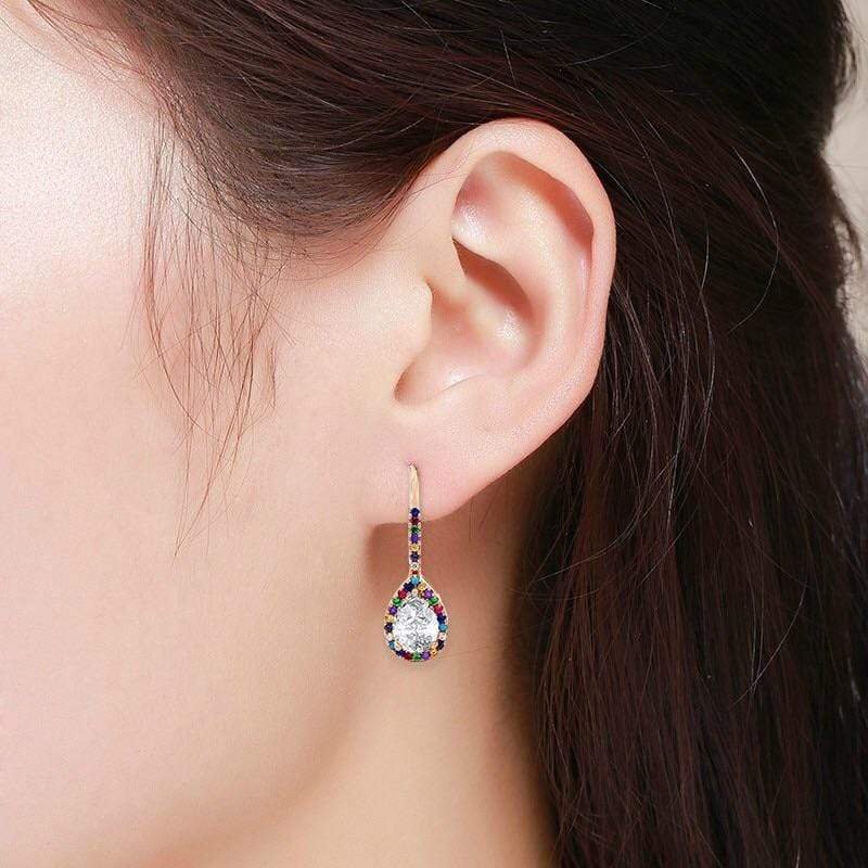 925 Sterling Silver Rose Gold Plated Rainbow Halo Pear Drop Earrings