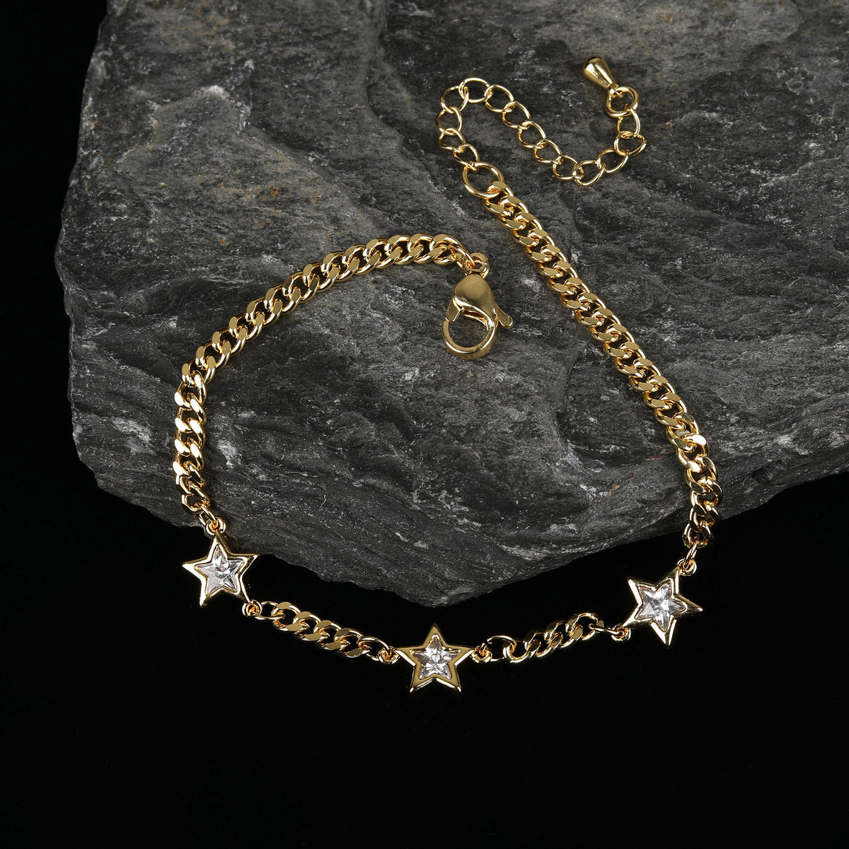 Yellow Gold Plated Trendy Cuban, Curb Link Cubic Zirconia Star Bracelet