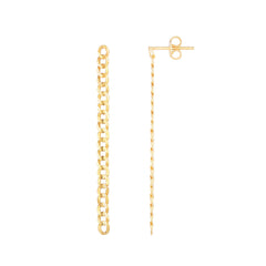 14K Yellow Gold Cuban, Curb Link Long Dangle Drop Earrings