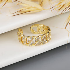 Gold Plated Micro Pave Cuban, Curb Link Trendy Adjustable Ring