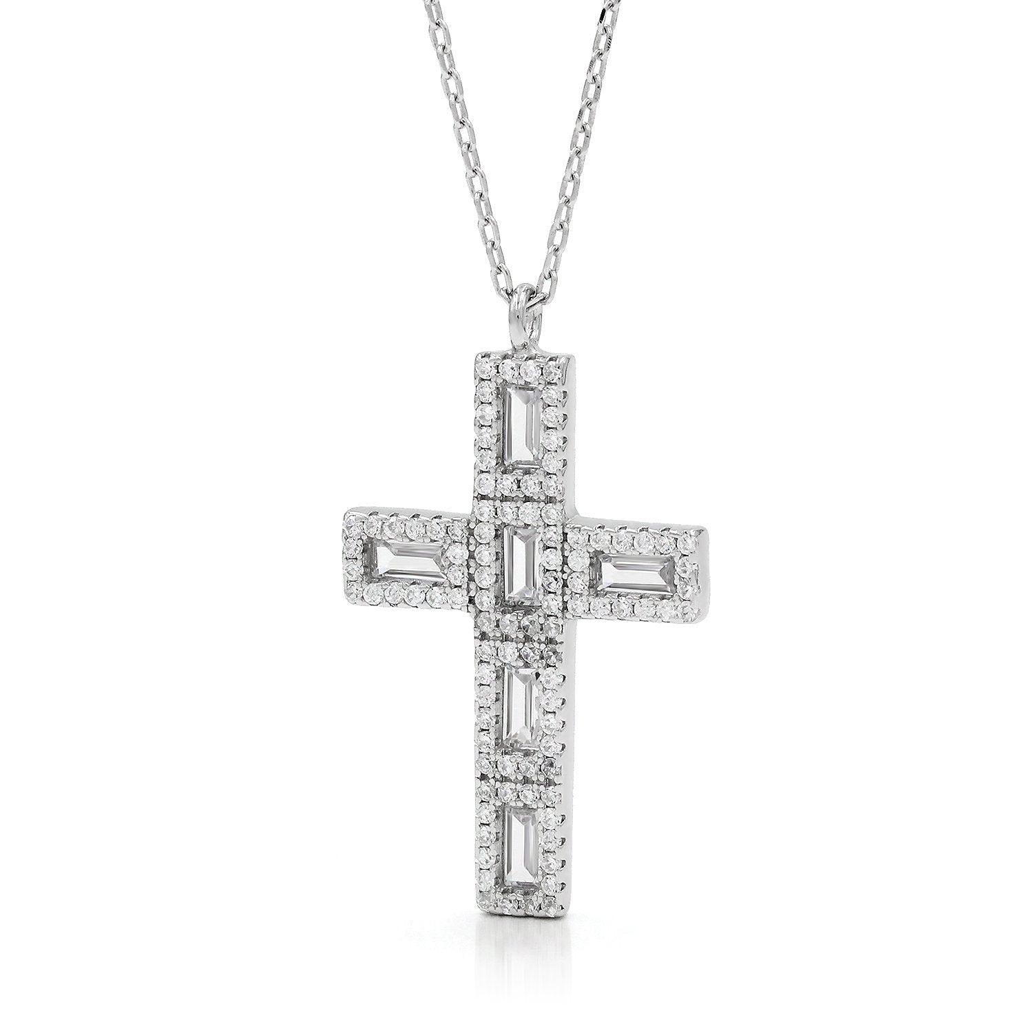 925 Sterling Silver Micro Pave Baguette Cross Pendant Necklace