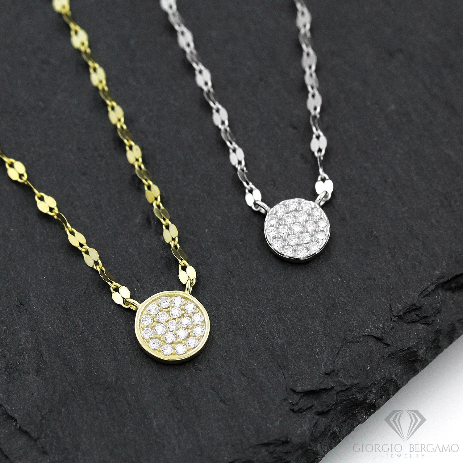 925 Sterling Silver Mirror Link Pave Disc Minimalist Necklace